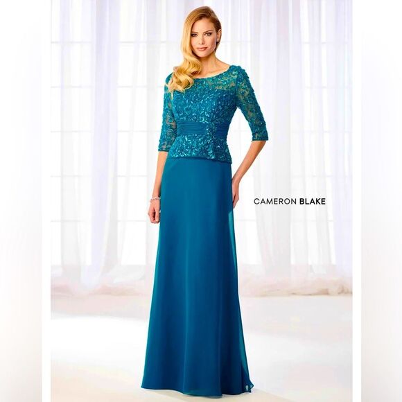 Cameron Blake by Mon Cheri Gown Dress Teal Beaded Sequins MOB Formal NWT 8